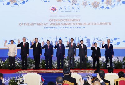 Leaders of the Association of Southeast Asian Nations wave at the opening ceremony of an ASEAN summit meeting, Phnom Penh, Cambodia, 11 November 2022 (Photo: Reuters/Kyodo).