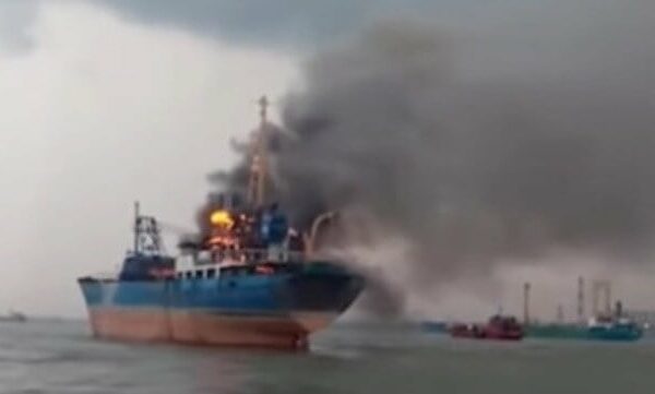 Fire Damages Cargo Ship in Indonesia