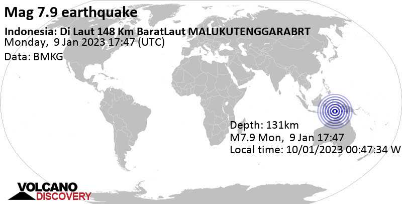 Major magnitude 7.9 earthquake - Banda Sea, Indonesia, on Tuesday, Jan 10, 2023 at 3:17 am (GMT +9:30)