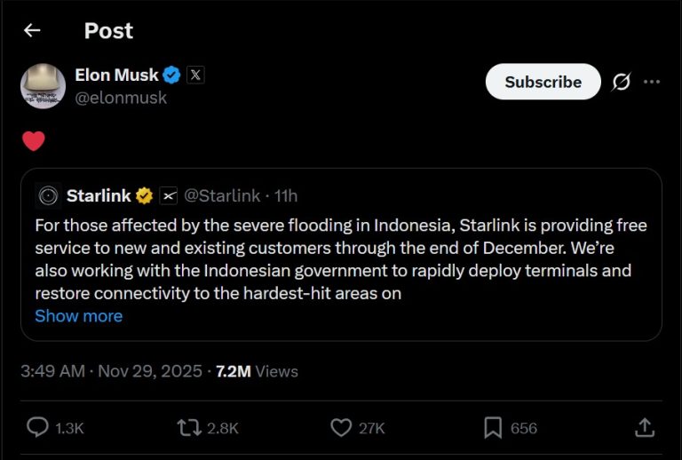 Starlink Gratiskan Internet untuk Korban Banjir Sumatera, Elon Musk Beri Simbol Hati