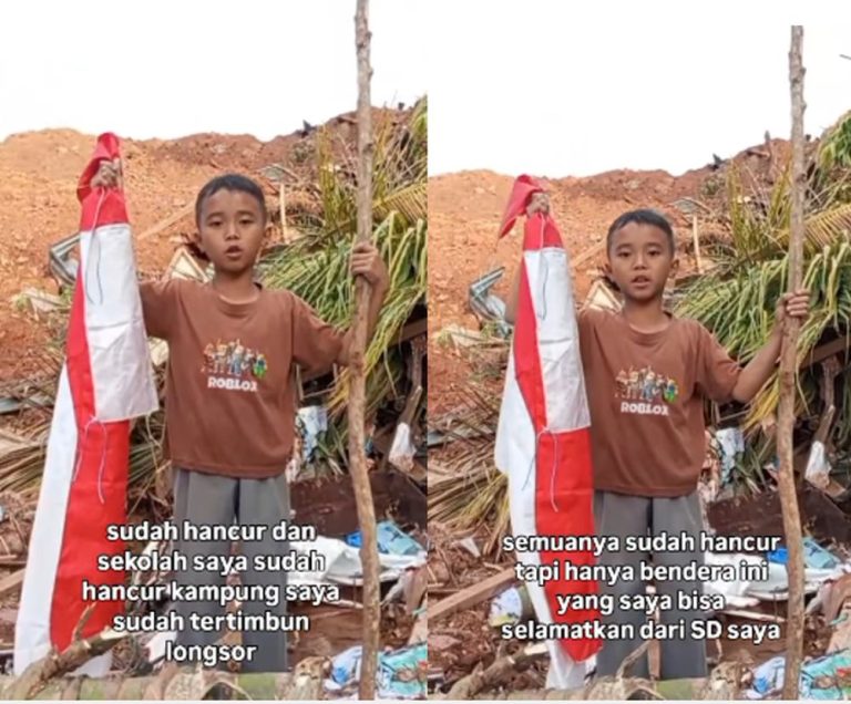 Viral Selamatkan Bendera Merah Putih Tetap Berkibar, Siswa SD Korban Banjir: Merdeka! : Okezone Edukasi